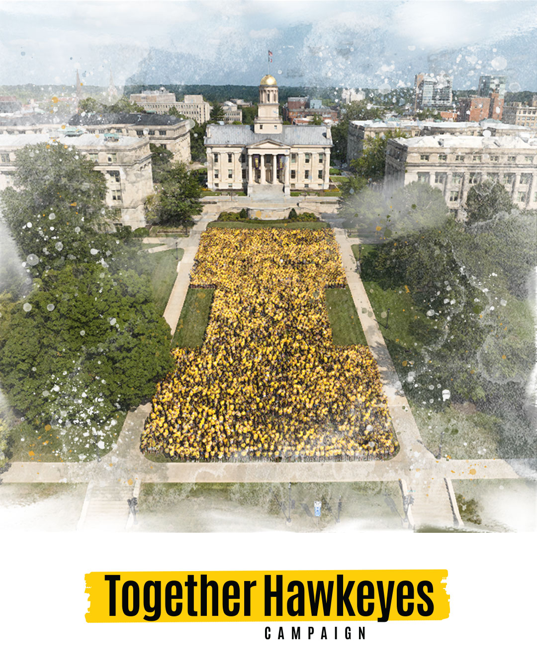 aerial photo of students in I formation in front of the old capitol
