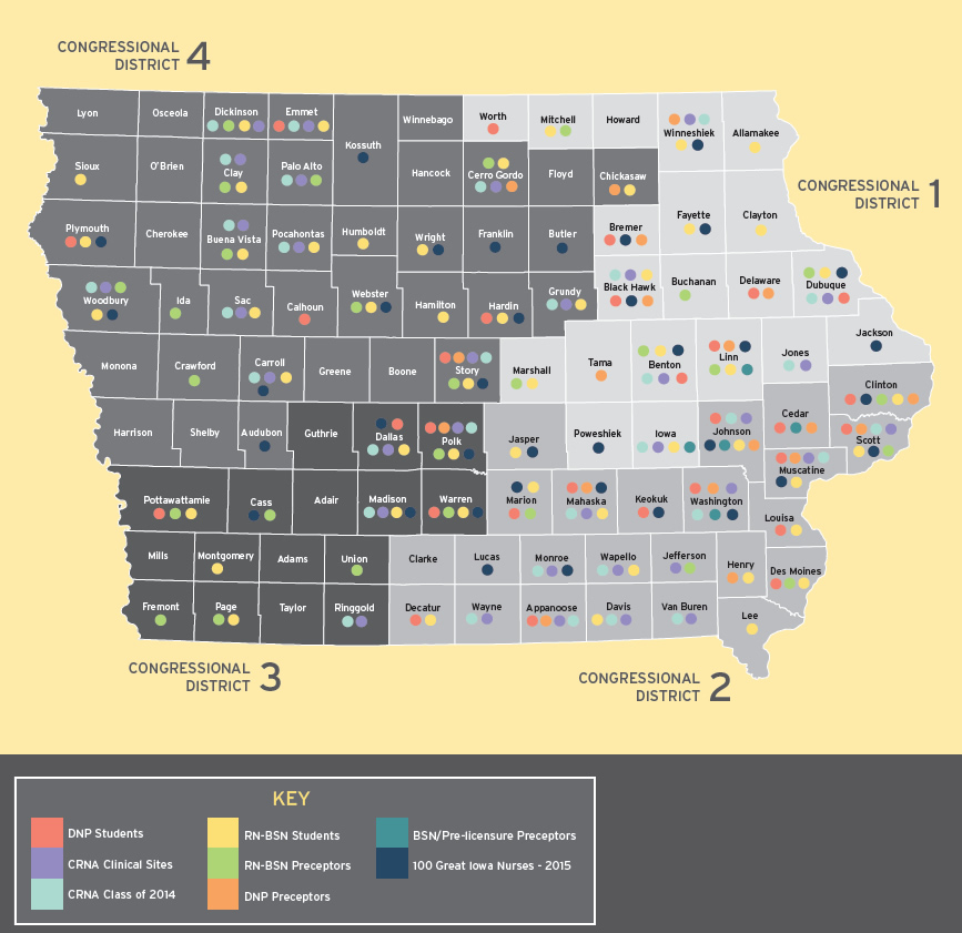 Map of Iowa showing students from different programs in different counties