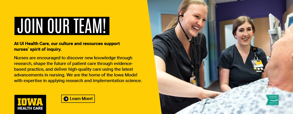 Yellow graphic with text. Text is same as text printed below. Right side is photo of two smiling nurses in black scrubs working with a patient. 