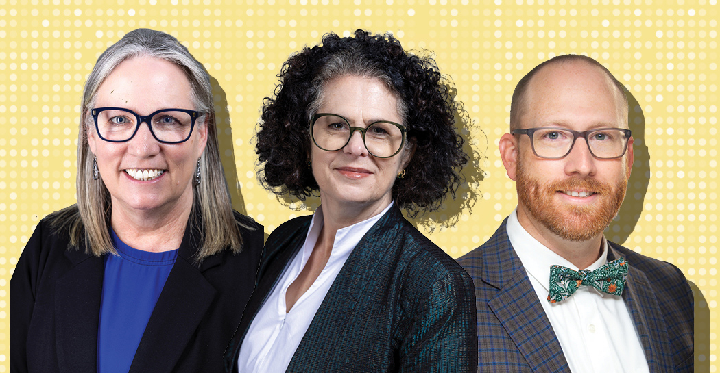 Three headshot cutouts with shadows in front of a yellow background. 