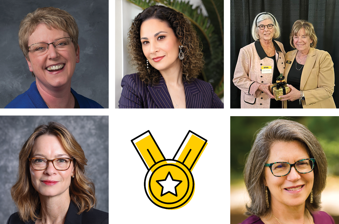 Headshots of award winners and icon of a medal.