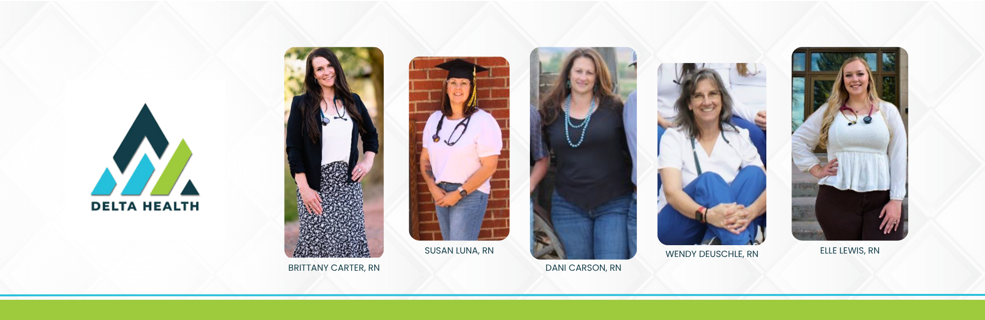 Group photo of five Registered Nurses—Brittany Carter, Susan Luna, Dani Carson, Wendy Deuschle, and Elle Lewis—with the Delta Health logo on the left.