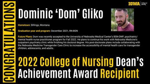 Graphic congratulating Dominic Gliko on receiving the 2022 award. Includes his photo and short biography.