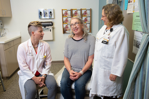 Katherine L. Imborek, MD and Nicole Nisly, MD Katie Imborek, MD, (left) is pictured with CC Thalken and Nicole Nisly, MD, in the LGBTQ Clinic. This photo was taken in summer 2019, prior to the COVID-19 pandemic.