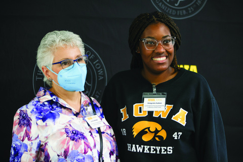 Nursing student Delegratia Hudson (right) is photographed with the benefactor of her scholarship, Lucille Heitman (left), at the College of Nursing Scholarship Tea on Friday, Sept. 16, 2022.