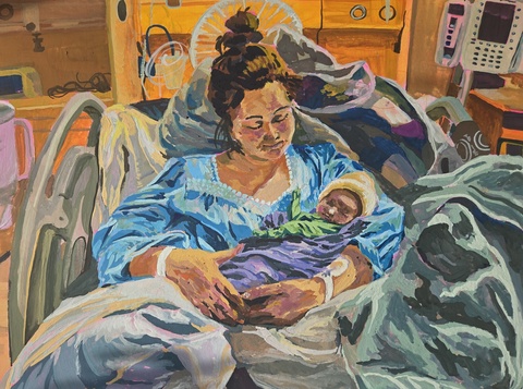 painting of woman in hospital bed holding baby 