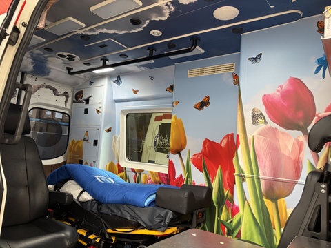Inside of a dutch ambulance with tulips painted on wall