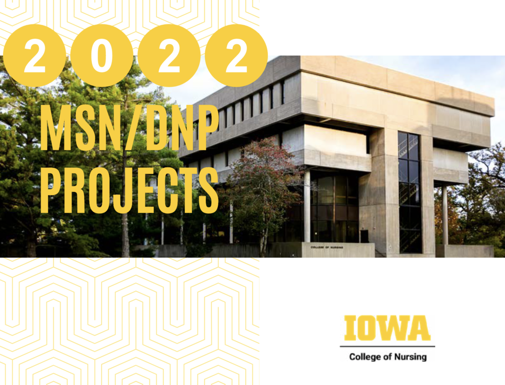 Graphic including College of Nursing building with the words 2022 MSN/DNP Projects
