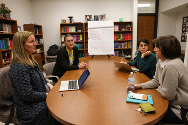 Top: Assistant Professor Anna Krupp (left-right), Assistant Professor Heather Dunn, doctoral student Nikta Kia, and Associate Professor Karen Dunn Lopez discuss the results of a focus group they conducted on clinical decision making.