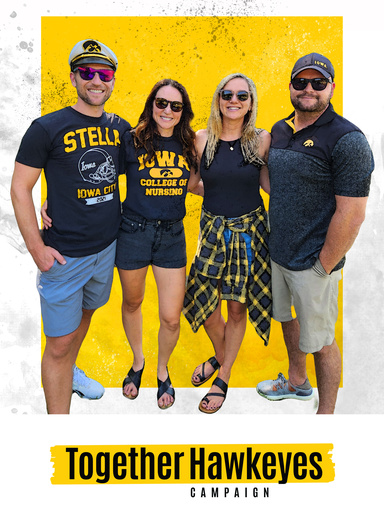 Group of four people  with yellow square behind them. Text below says Together Hawkeyes campaign