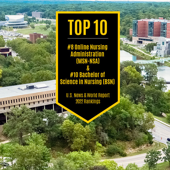 badge with ranking overlaid on aerial view of college of nursing building