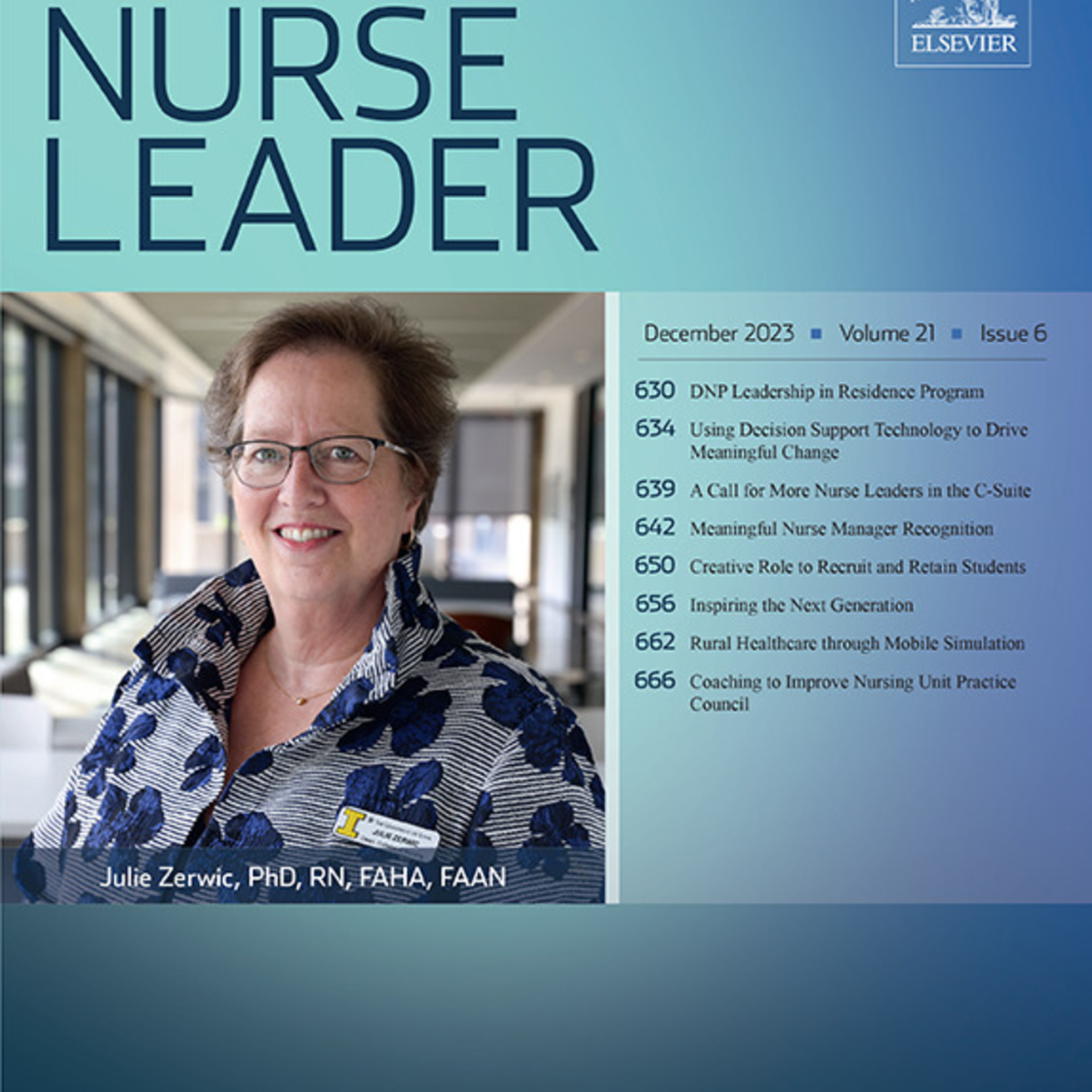 Cover of Nurse Leader journal. Blue cover with portrait of Dean Zerwic on it. 