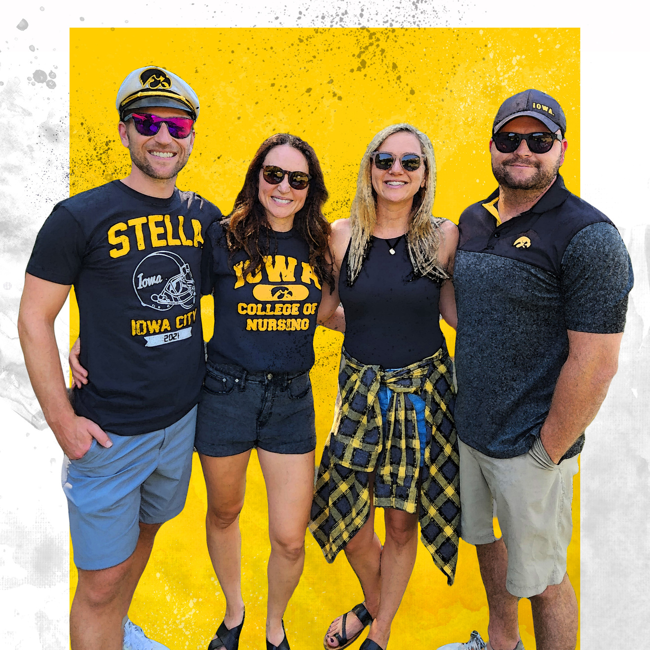 Group of four people with yellow square behind them. Text below says Together Hawkeyes campaign