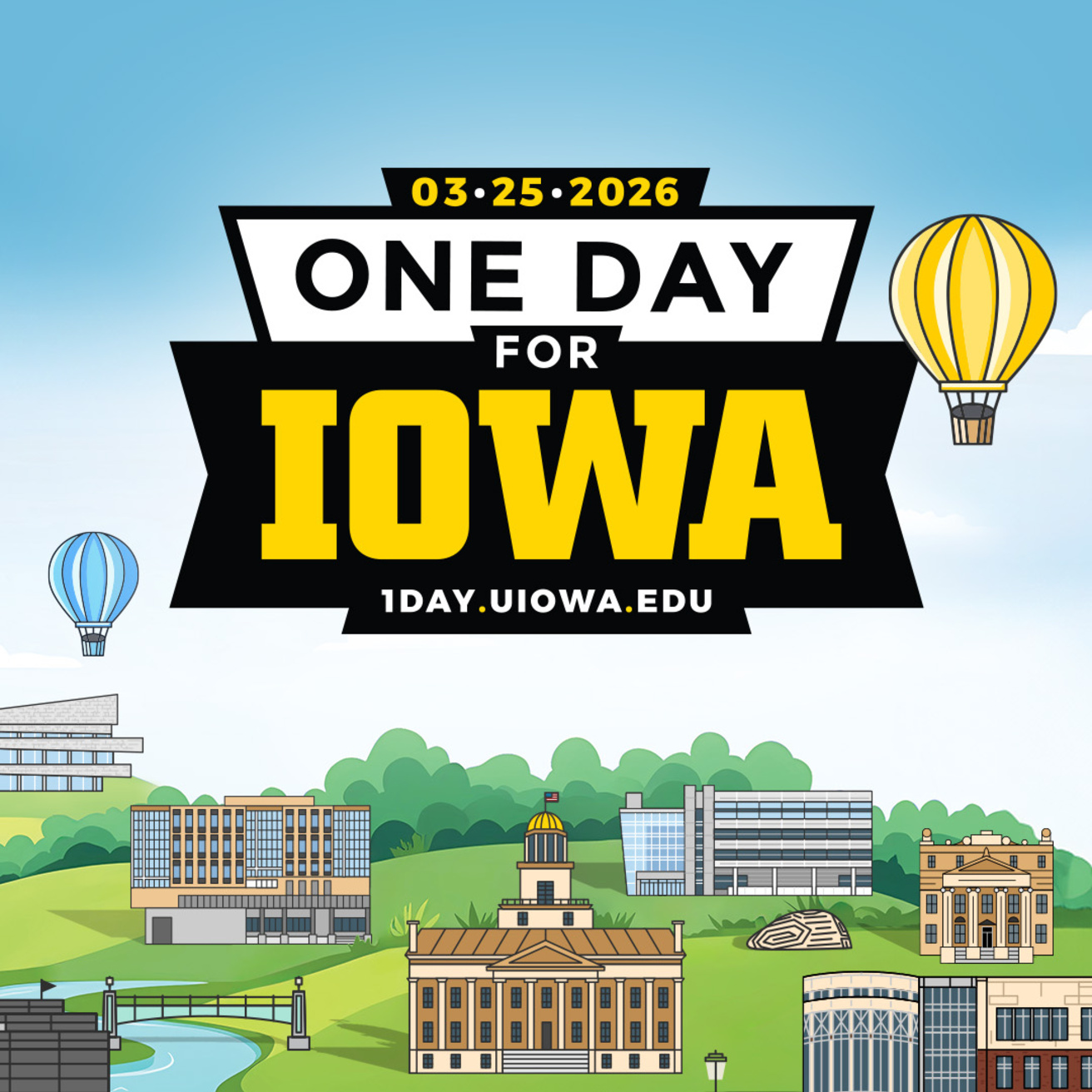 One Day for Iowa logo and hand drawn cartoon type image of UI campus landmarks
