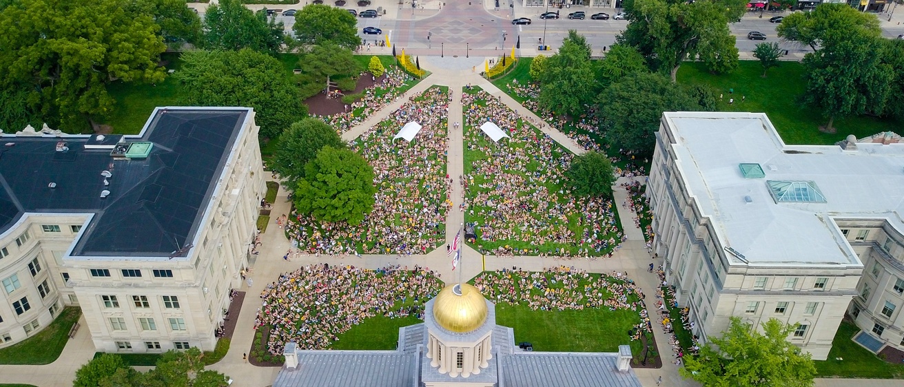 Campus aerial view showing Old Capitol dome