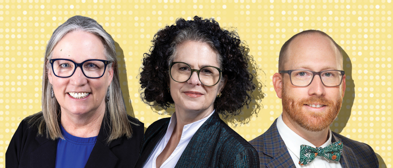 Three headshot cutouts with shadows in front of a yellow background. 