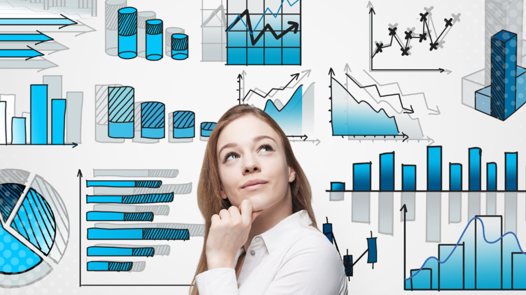 A graphic of charts and graphs with a person in the forefront