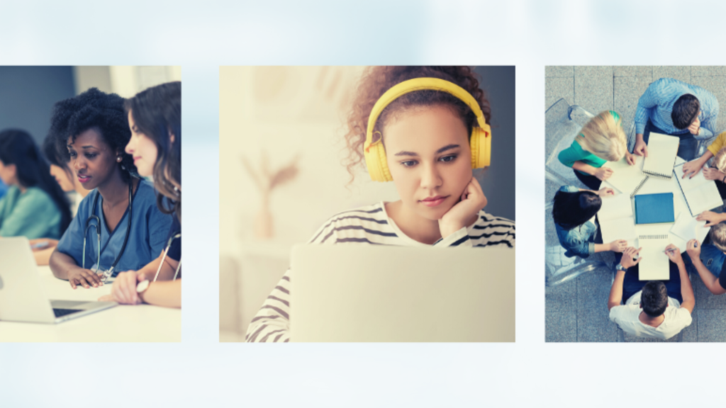 Three image banner - image 1 has students looking at a laptop. Image 2 includes a student with headphones and a laptop. Image 3 shows six students gathered at a desk