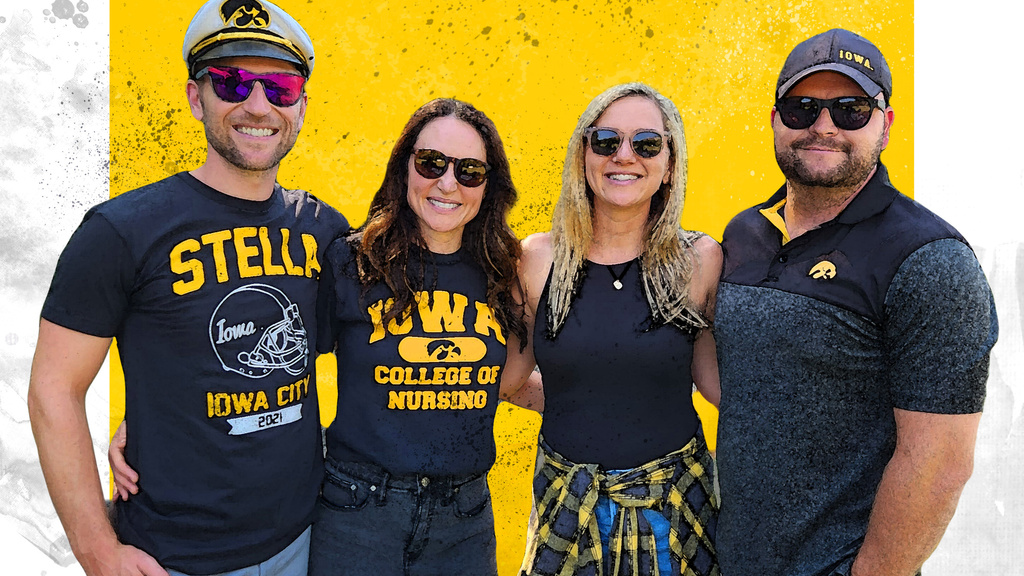 Group of four people  with yellow square behind them. Text below says Together Hawkeyes campaign