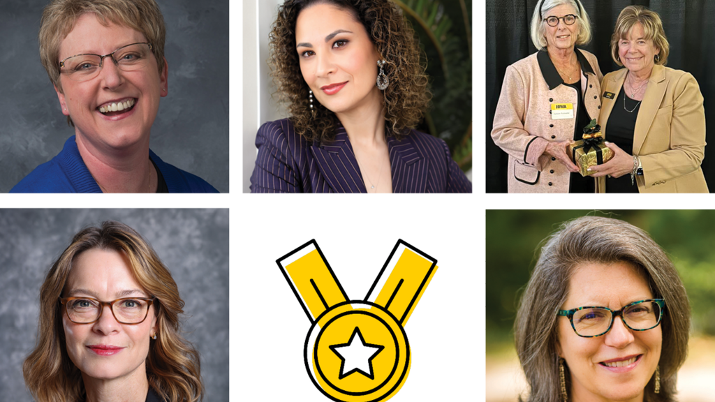 Headshots of award winners and icon of a medal.