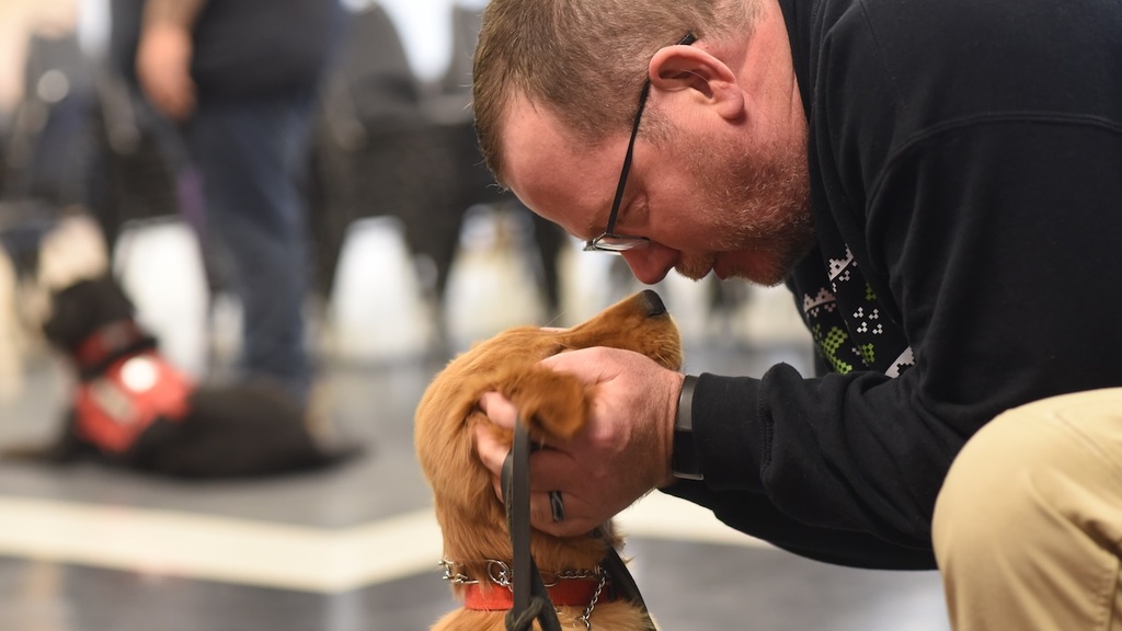A man one one knee holds the side of a puppy's head and a leash. He is bending over so his nose almost touches the puppy's nose