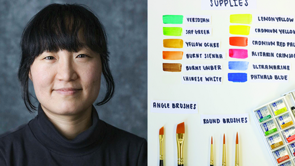 Portrait of Kyung Soo Kim next to image of watercolor samples and brushes