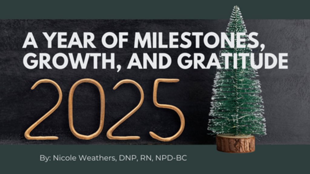 Graphic with the text ‘A Year of Milestones, Growth, and Gratitude’ and ‘2025’ in large wooden-style numbers, next to a small decorative evergreen tree. Below, it reads ‘By: Nicole Weathers, DNP, RN, NPD-BC.